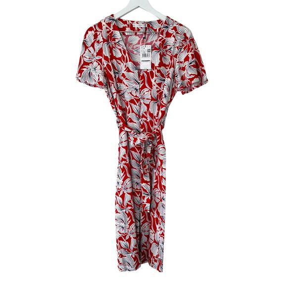 Mango Red Floral Wrap Midi Dress Short Sleeve Tie Waist Size Medium - Picture 1 of 10